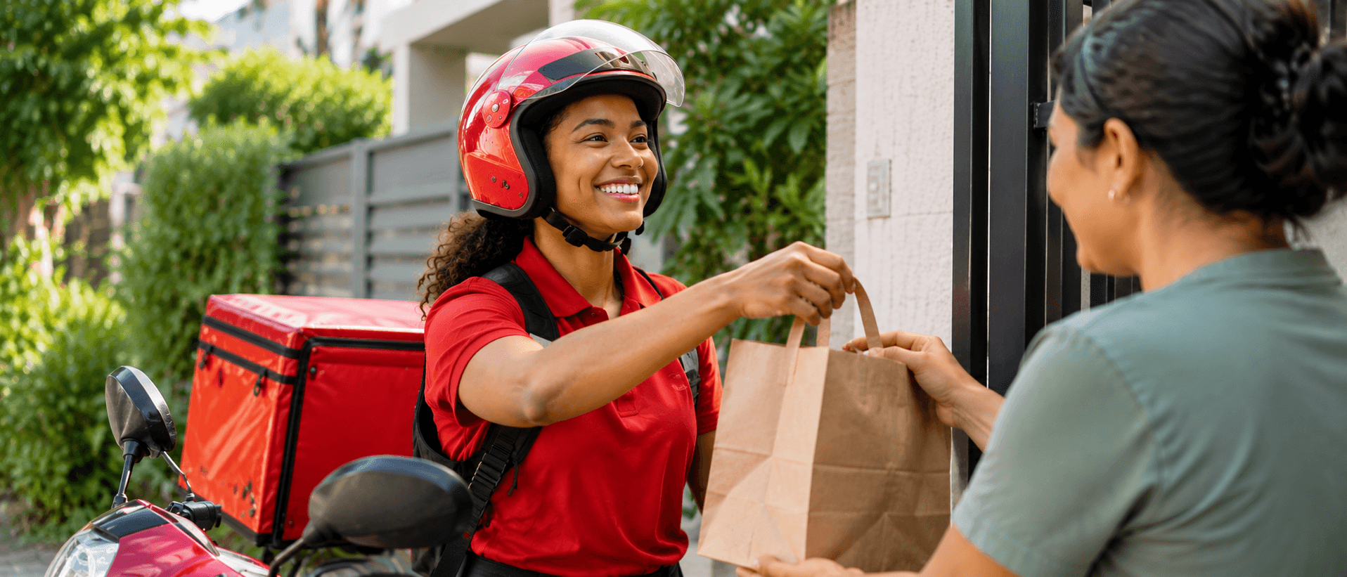 A delivery rider handing a customer their order at the gate
