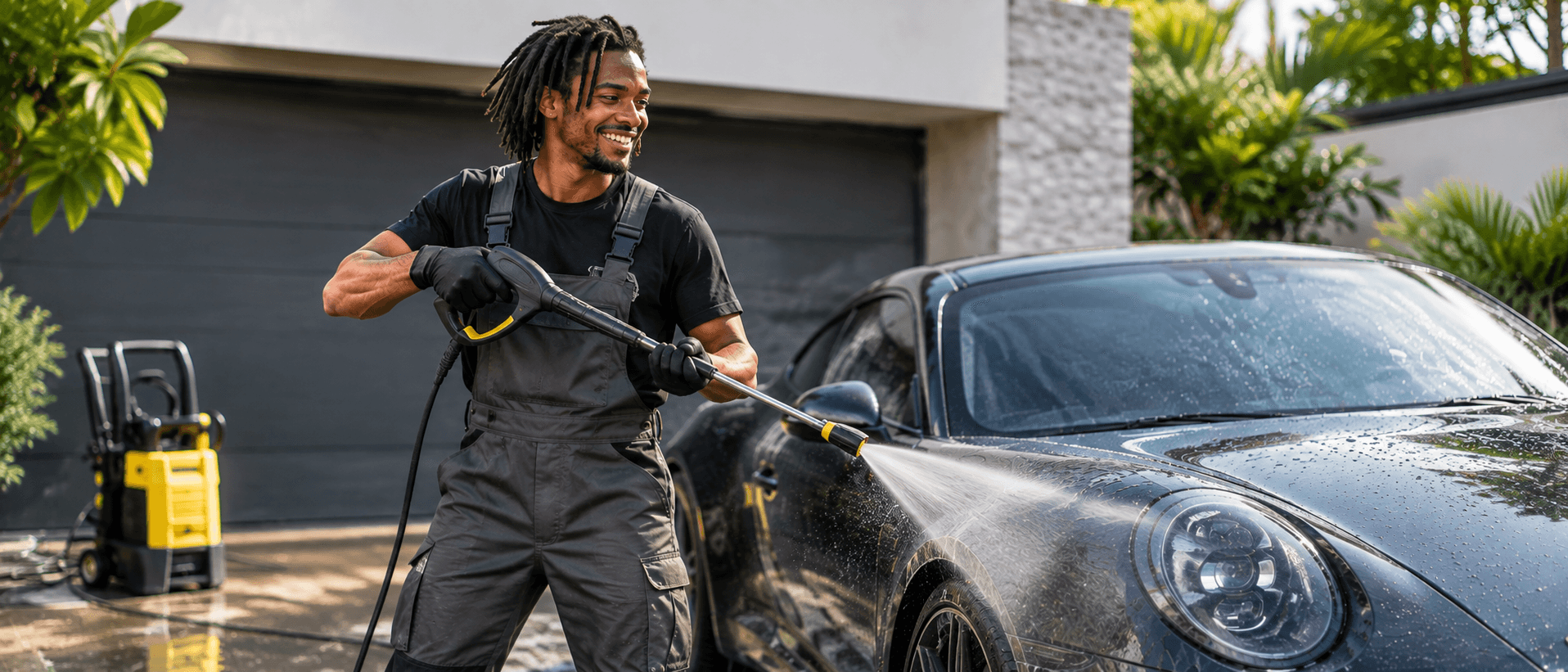 A car detailer pressure-washing a car in a driveway