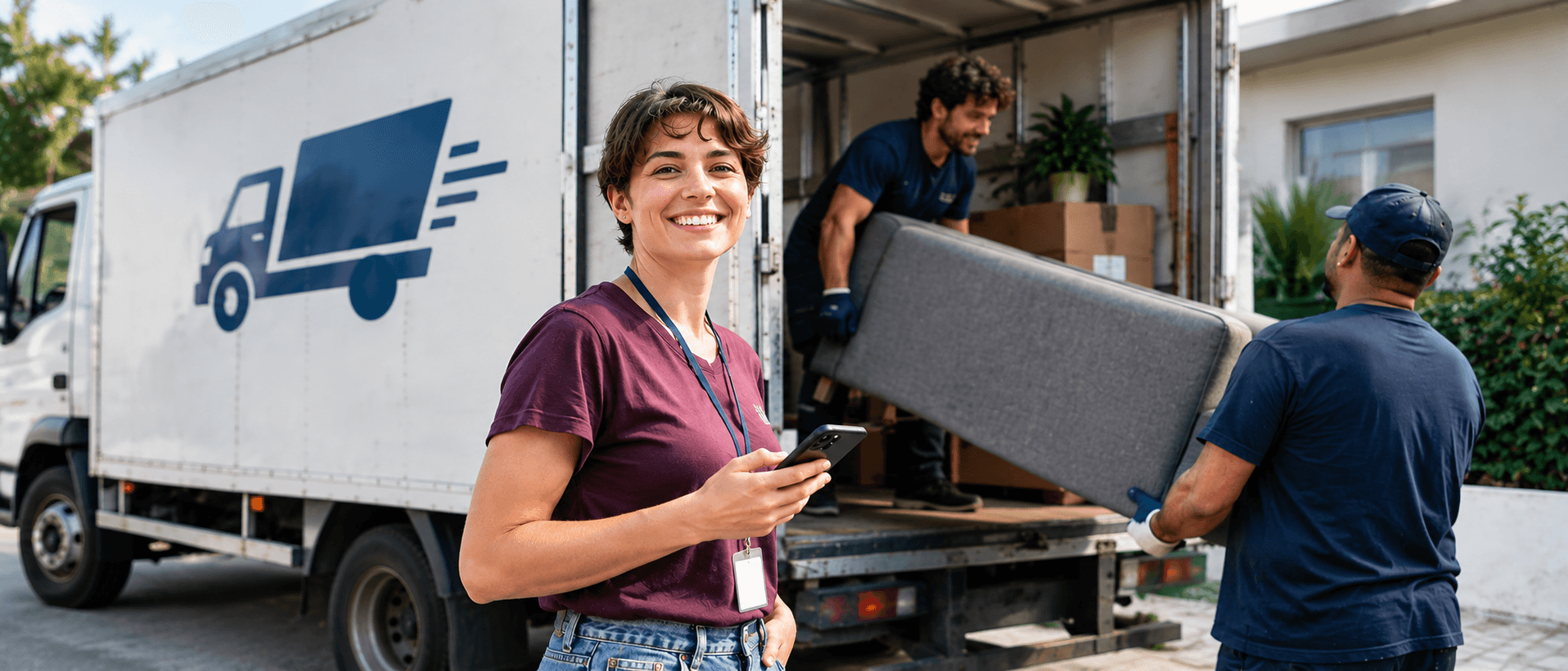 A mover greeting a customer while unloading a delivery truck