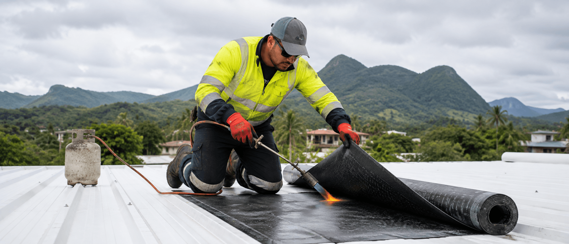 A roofer torch-welding a membrane on a rooftop with mountains behind