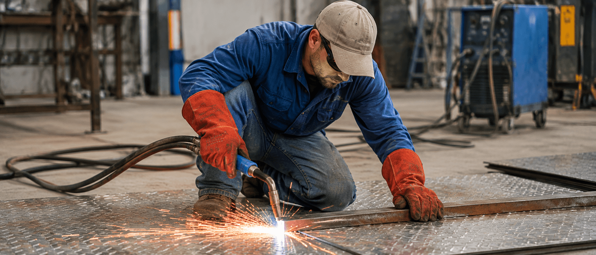 A welder cutting a steel plate with sparks flying in a workshop